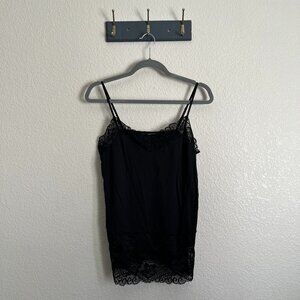 White House Black Market Black Lace Trim Y2K Tank Top Women L Stretchy Babydoll!